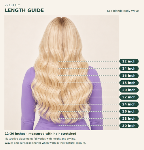 613 Blonde Lace Frontal Wig | 13x4 Transparent Lace | Body Wave — rear view with illustrative 12–30 inch length guide; wavy and curly hair measured stretched